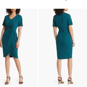 Tahari ASL teal crepe dress.Side Knot.NOTE SLEEVE LENGTH IS 3/4 length. NWTSz 16